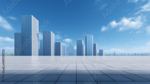 3d render of modern office buildings and open space on the ground under blue sky