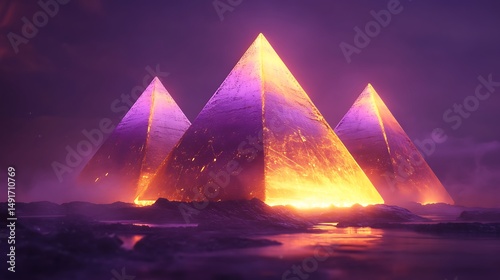 Illuminated golden pyramids night scene