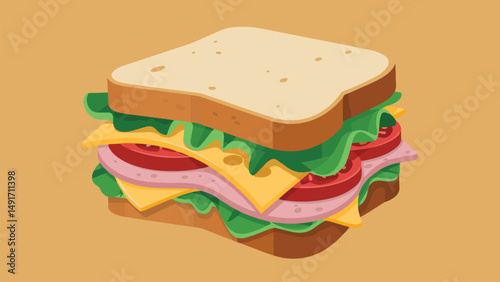 Delicious Sandwich Illustration – Layered Ham, Cheese, Lettuce, and Tomato Sandwich on Toasted Bread in Flat Cartoon Style
