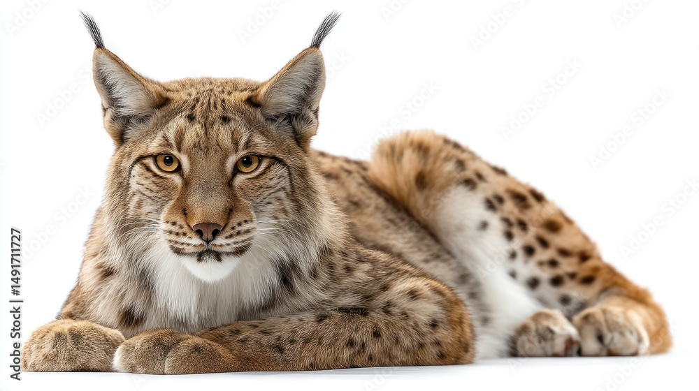 Fototapeta premium A Eurasian lynx with tufted ears and spotted fur, sitting in the center of the frame, white background, sharp detail, natural lighting, high-resolution photography