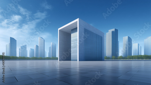 3d render of modern office buildings and open space on the ground under blue sky