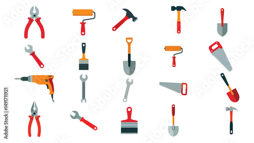 Set of Construction Tools – Collection of Hand Tools Including Hammer, Wrench, Paint Roller, and Saw in Flat Vector Design for DIY or Workshop Themes