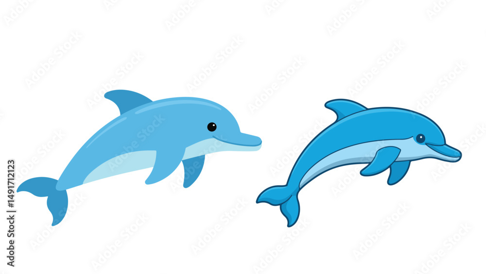 Obraz premium Jumping Dolphins Illustration – Pair of Blue Dolphins in Motion Representing Ocean Life, Freedom, or Marine Themes in Cartoon Style