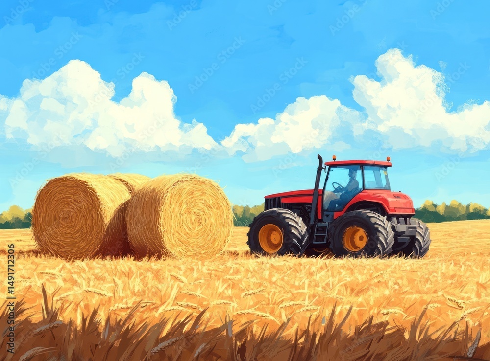 Obraz premium Red tractor in golden wheat field with hay bales under a sunny sky.