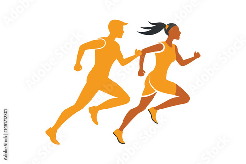 A running couple silhouette on white background