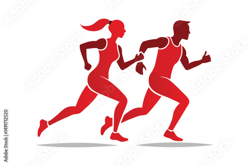 A running couple silhouette on white background