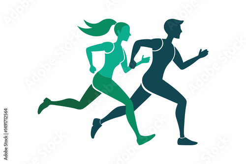 A running couple silhouette on white background