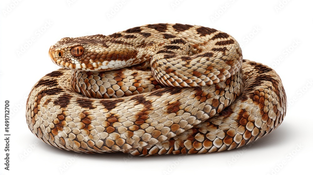 Obraz premium A European adder with zigzag pattern, coiled and sitting calmly in the center, white background, sharp focus, natural pose, studio-lit, photorealistic