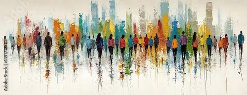 City crowd walking, colorful cityscape