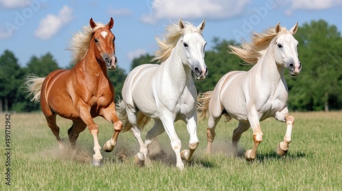 Horses running freely in a green field on a sunny day representing freedom and beauty