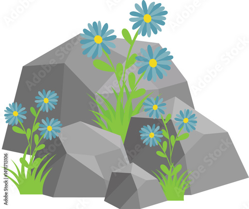 Rock And Grass With Wildflower