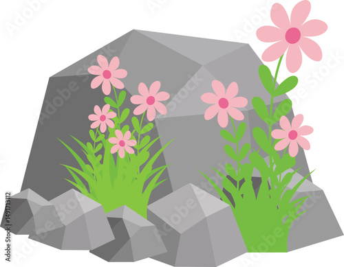 Rock And Grass With Wildflower