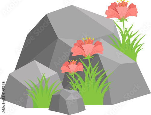 Rock And Grass With Wildflower