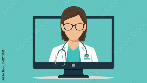 Online Doctor Consultation – Female Physician on Computer Screen for Telemedicine and Digital Healthcare Services Illustration