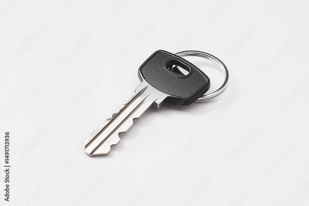 Single key with black handle and silver ring on a white background in a close up shot Single key with black handle and silver ring on a white background in a close up shot