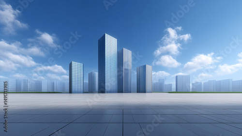3d render of modern office buildings and open space on the ground under blue sky