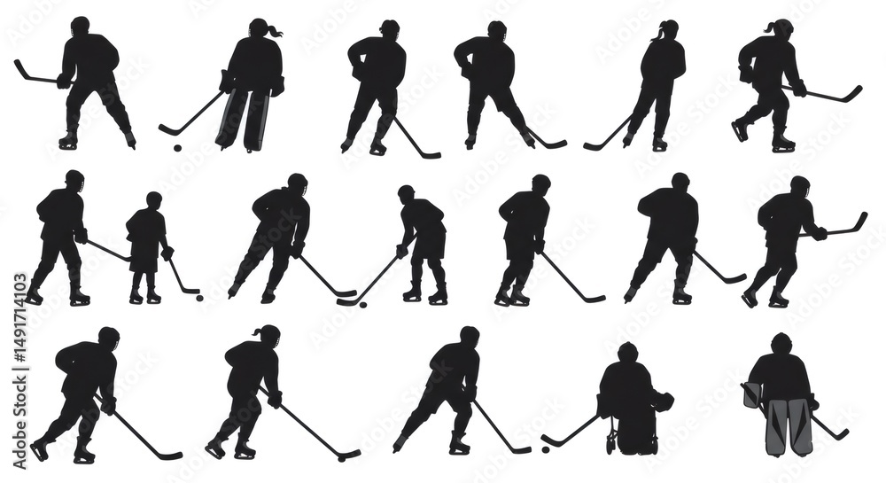 Fototapeta premium Ice Hockey Players Silhouettes: Collection of 16 Action Poses