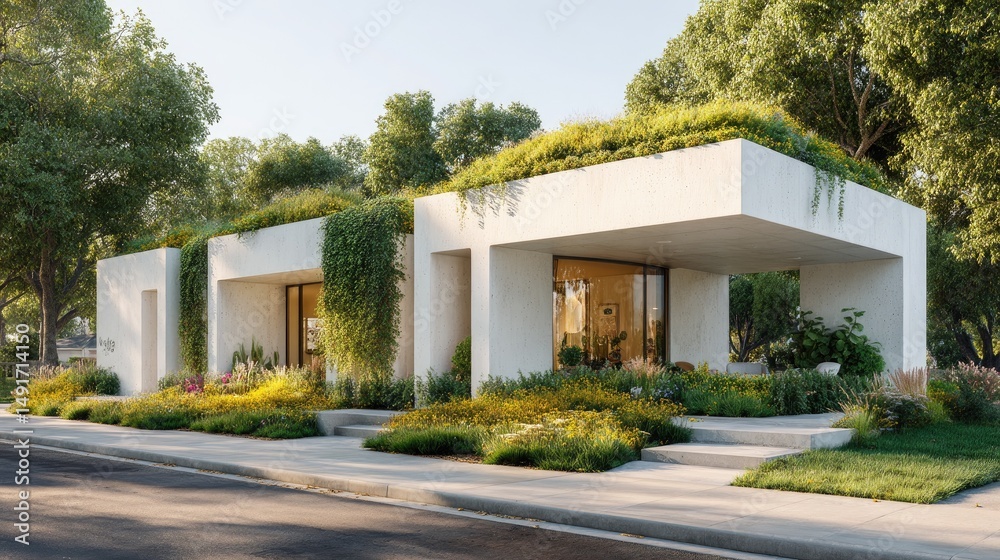 Eco Oasis Modern Green Roof Home with Lush Garden in Suburbia. Eco Oasis Modern Green Roof Home with Lush Garden in Suburbia.