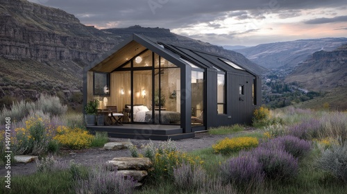Modern Cabin Retreat Serene Mountain Getaway at Dusk.