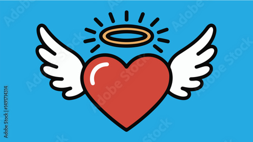 Heart with Halo and Wings – Flat Vector Icon of Angelic Heart Symbolizing Love, Spirituality, or Memorial Design on Blue Background