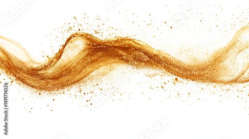 Golden liquid flowing gracefully, creating a dynamic wave with sparkling droplets against a stark white backdrop