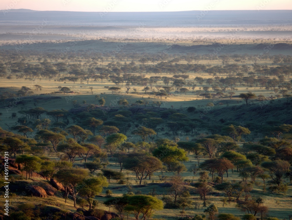 Obraz premium Aerial View of Serengeti Plains Landscape with Acacia Trees at Dawn in Tanzania East Africa