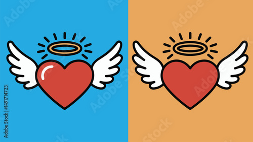 Angel Heart with Wings Icon – Red Heart with Halo and White Wings on Half-Blue Background for Love, Loss, or Charity Concepts