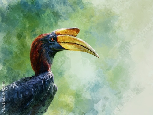 The Red-necked Hornbill Aceros nipalensis is a beautiful bird native to the forests photo