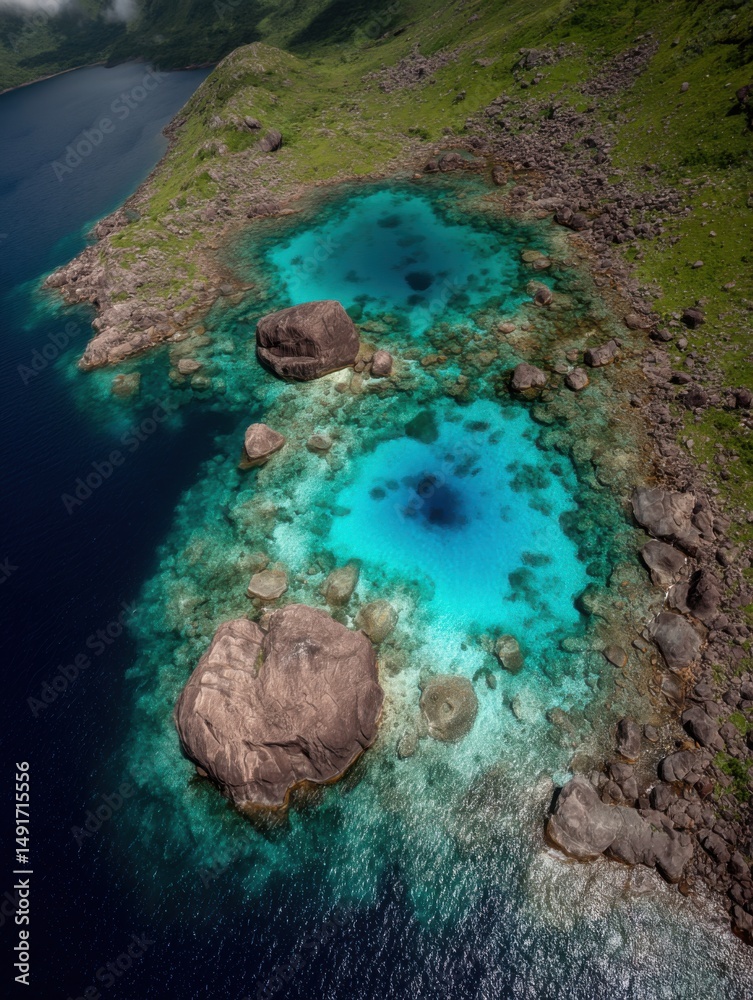 Obraz premium Aerial view of tropical lagoon with turquoise water surrounded by rocks and lush green mountains in Fernando de Noronha Brazil