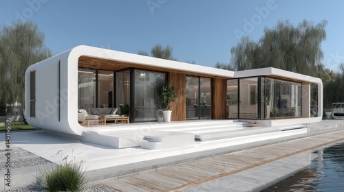Wallpaper Mural Modern Lakeside Home Curved Lines with Glass Walls, and and Natural Light. Torontodigital.ca