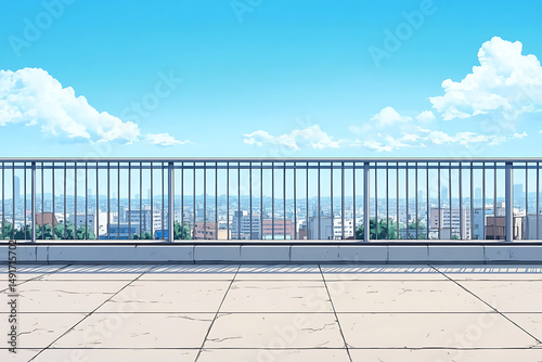Anime School Rooftop with City Background