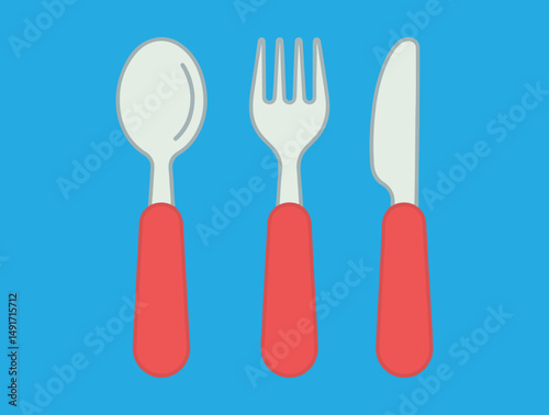 Cutlery Set Illustration – Spoon, Fork, and Knife with Red Handles on Blue Background in Flat Kitchenware Design for Dining or Cooking Themes