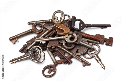 A scattered pile of old and antique keys with varying designs and visible signs of rustiness