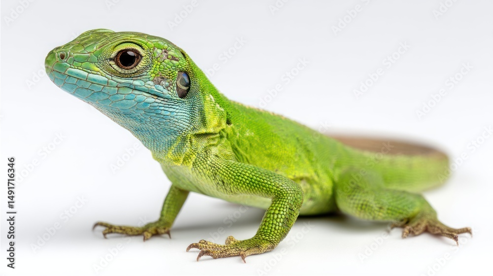 Obraz premium A European green lizard with vibrant coloration, sitting attentively in the center, isolated on a white background, studio lighting, realistic detail