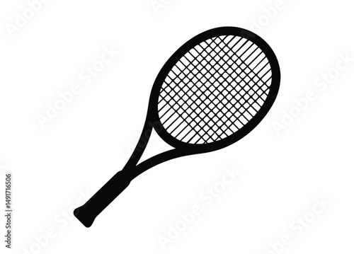 Tennis Racket Icon – Black Tennis Racket on White Background in Flat Minimalist Style for Sports, Fitness, and Recreation Concepts