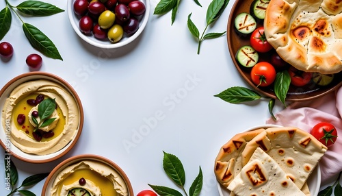 Mediterranean inspired flat lay with hummus, olives, grilled veggies photo