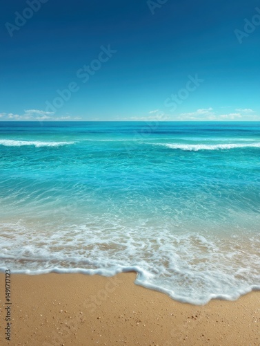 Serene ocean view of waves gently rolling onto the sandy beach under a clear blue sky, eye-level perspective, tropical paradise