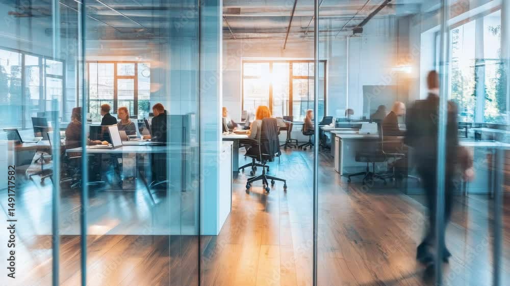 Wide-angle shot of a modern office with glass walls, capturing a dynamic, busy work environment. Blurred motion adds a video-like, energetic feel. Live desktop wallpaper.