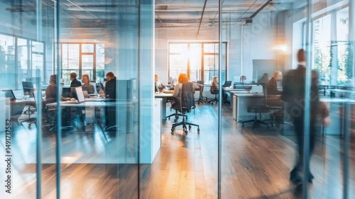 Wide-angle shot of a modern office with glass walls, capturing a dynamic, busy work environment. Blurred motion adds a video-like, energetic feel. Live desktop wallpaper.