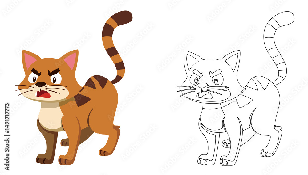 Obraz premium An angry cartoon cat with a striped tail and a furrowed brow, exuding a sense of animated hostility, complemented by a black and white line drawing outline