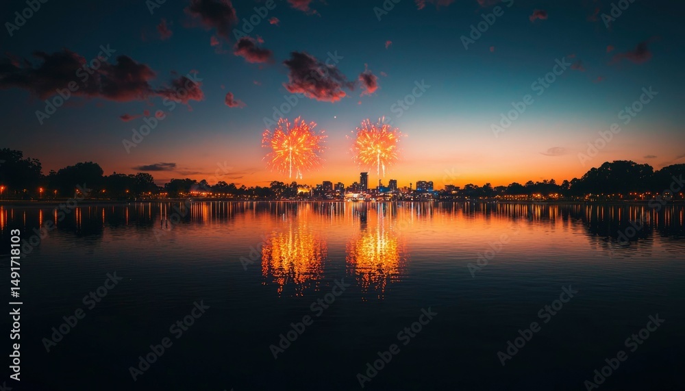 Fototapeta premium Fireworks reflection on water, city skyline at sunset