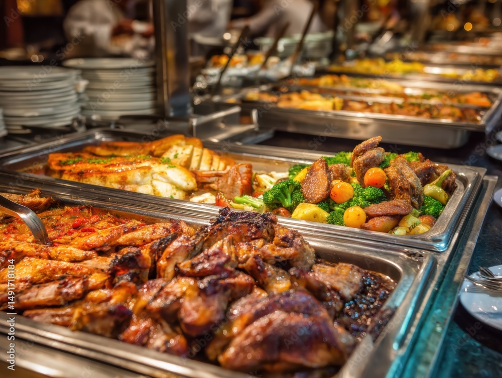 Obraz premium Buffet food selection at restaurant featuring chicken fish vegetables in trays at eye level