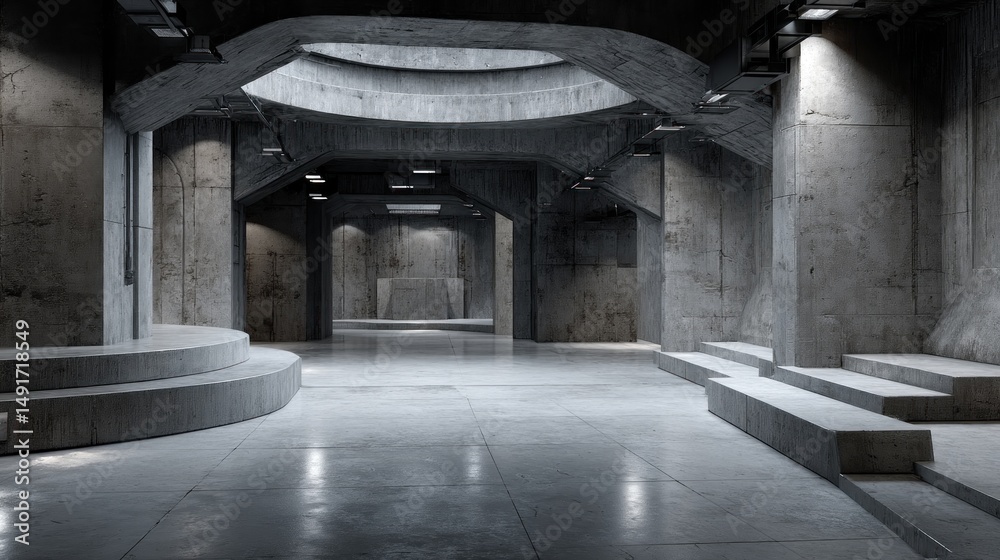 Obraz premium Concrete architectural hallway with elevated platforms