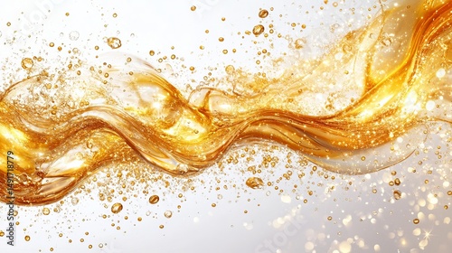 Golden liquid flowing with air bubbles against a white backdrop.  The fluid's movement is dynamic and textured, creating a visually appealing abstract image
