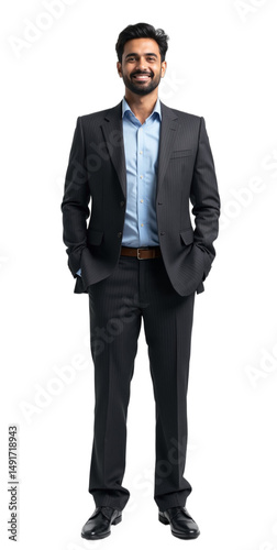 Photorealistic studio portrait of a confident, approachable South Asian non-binary person in charcoal pinstripe suit, light blue shirt, full body. Ideal for business, professional diversity,