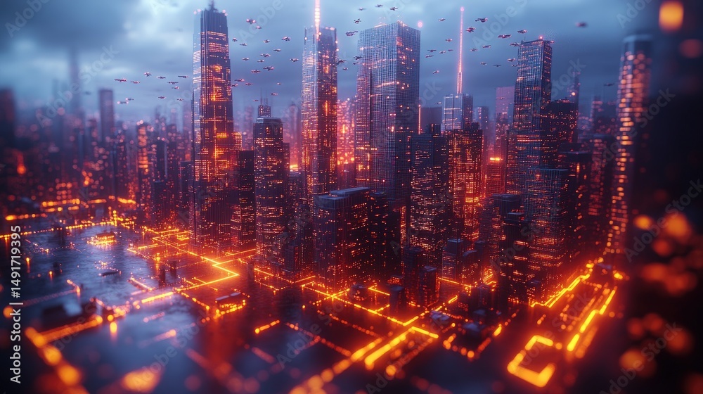 Fototapeta premium Futuristic city glows with vibrant lights under a stormy sky. Urban landscape in digital art