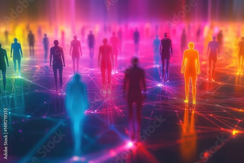 Silhouettes of people standing on interconnected glowing points with vibrant multicolored light beams creating a networked digital atmosphere