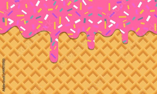 Flowing strawberry with rainbow sprinkles on wafer texture. Vector template for typography poster, banner, flyer, label, cafe or restaurant menu 