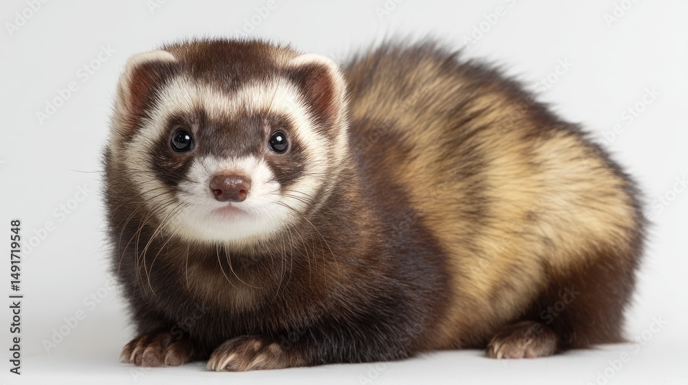 A European polecat with dark mask-like facial markings, sitting in the center of the frame, white background, sharp detail, natural lighting, high-resolution photography A European polecat with dark mask-like facial markings, sitting in the center of the frame, white background, sharp detail, natural lighting, high-resolution photography
