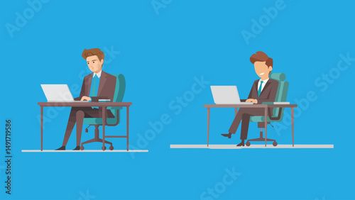 Office Workers at Desks – Business Professionals Working on Laptops in Flat Design, Corporate Job or Remote Work Concept